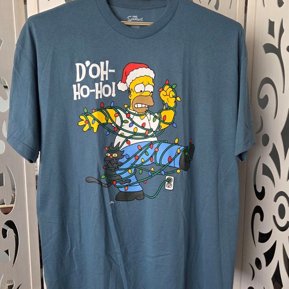 The Simpsons Homer D'Oh Ho Ho Christmas Holiday Graphic T-Shirt Men's 4XL Blue